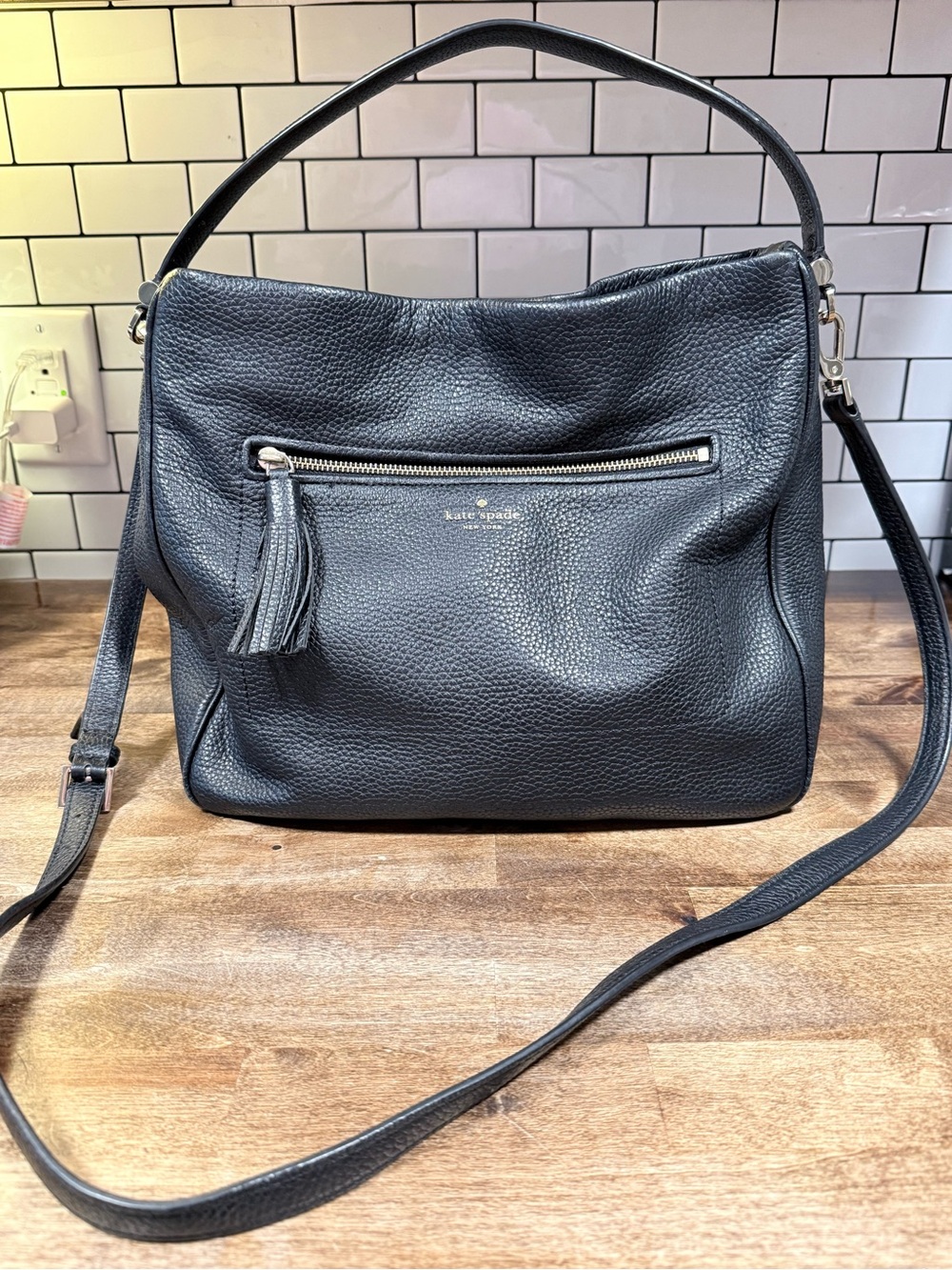 kate spade Black Pebbled Leather Shoulder Hobo with Tassel Zip